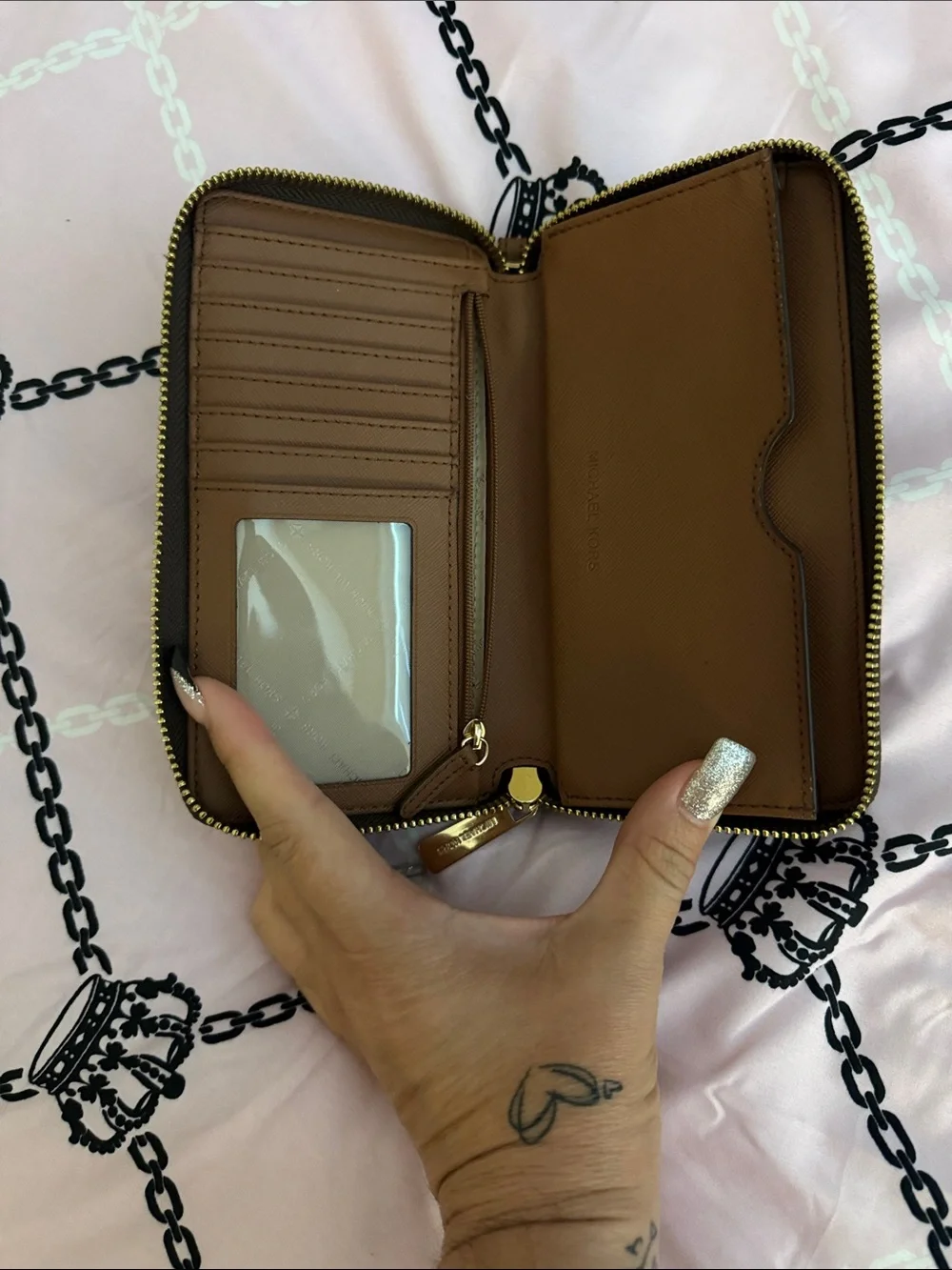 Michael Kors Brown Monogram Zip-Around Card Holder with Gold Logo